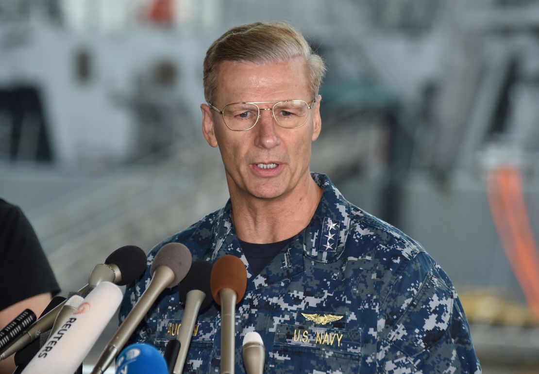 Vice Adm. Joseph Aucoin, Commander of the US 7th Fleet, delivers a speech in front of the USS Fitzgerald at US Navy Yokosuka Base, southwest of Tokyo on June 18, 2017.