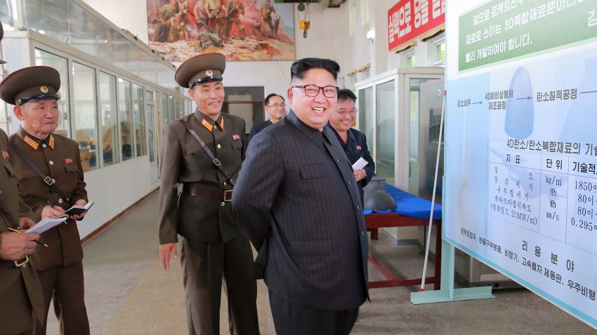 This undated picture released from North Korea's official Korean Central News Agency (KCNA) on August 23, 2017 shows North Korean leader Kim Jong-Un (2nd R) visiting the Chemical Material Institute of the Academy of Defense Science at an undisclosed location. / AFP PHOTO / KCNA VIA KNS / STR / South Korea OUT / REPUBLIC OF KOREA OUT   ---EDITORS NOTE--- RESTRICTED TO EDITORIAL USE - MANDATORY CREDIT "AFP PHOTO/KCNA VIA KNS" - NO MARKETING NO ADVERTISING CAMPAIGNS - DISTRIBUTED AS A SERVICE TO CLIENTS
THIS PICTURE WAS MADE AVAILABLE BY A THIRD PARTY. AFP CAN NOT INDEPENDENTLY VERIFY THE AUTHENTICITY, LOCATION, DATE AND CONTENT OF THIS IMAGE. THIS PHOTO IS DISTRIBUTED EXACTLY AS RECEIVED BY AFP.  / STR/AFP/Getty Images