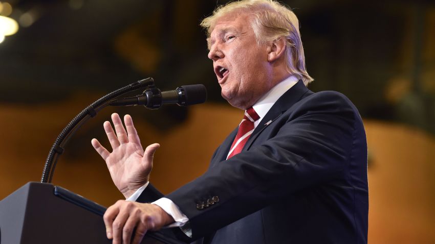 US President Donald Trump speaks at a "Make America Great Again" rally in Phoenix, Arizona, on August 22, 2017. / AFP PHOTO / Nicholas Kamm (Photo credit should read NICHOLAS KAMM/AFP/Getty Images)