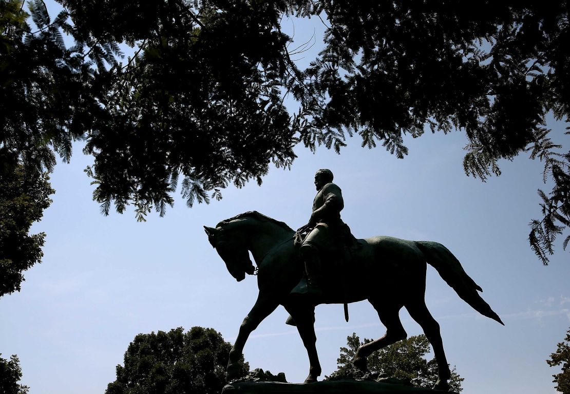 Statue of Confederate Gen. Robert E. Lee in the renamed Emancipation Park before it was covered.