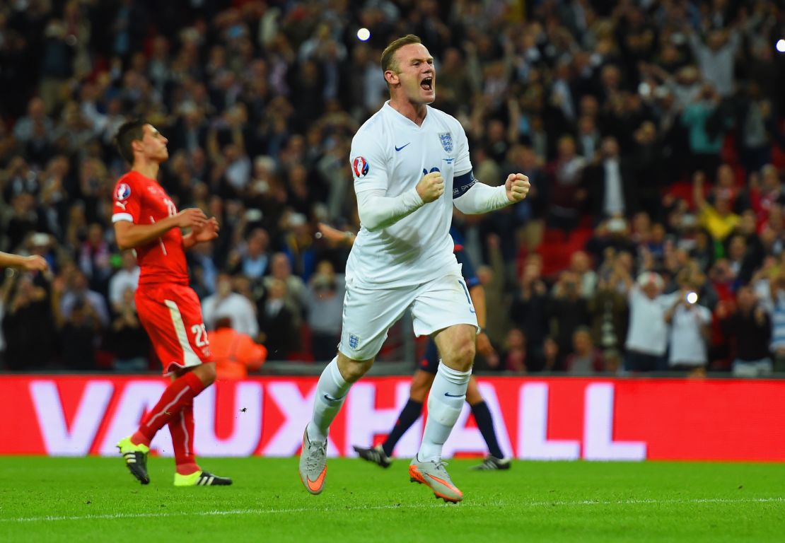 Rooney celebrates scoring a goal at Wembley in 2015, breaking the record for most international goals for England.