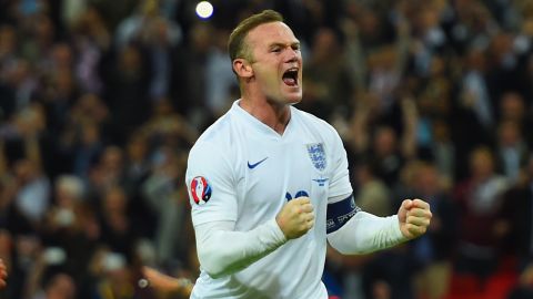 Rooney celebrates scoring a goal at Wembley in 2015, breaking the record for most international goals for England.