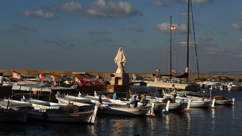 A statue of the Virgin Mary sits in the fishing port in the Lebanese costal city of Tyre.