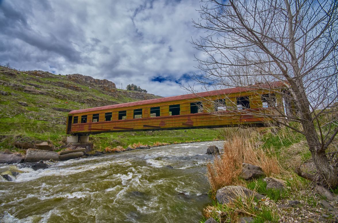This old train carriage was converted into a bridge by Georgian engineers. 
