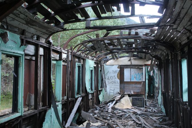 This collapsed train carriage stands at Canfranc International Railway Station in the Pyrenees.