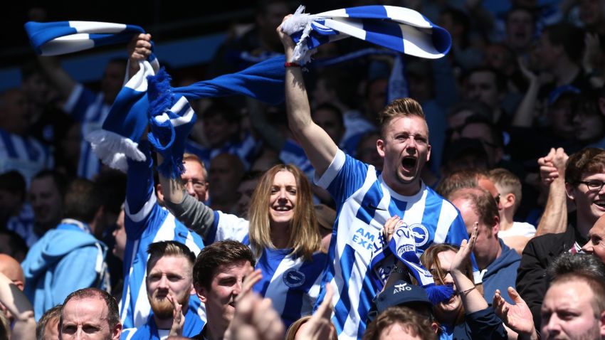 BIRMINGHAM, ENGLAND - MAY 07: Brighton and Hove Albion fans celebrate after their side scores their first goal during the Sky Bet Championship match between Aston Villa and Brighton & Hove Albion at Villa Park on May 7, 2017 in Birmingham, England.  (Photo by Jan Kruger/Getty Images)
