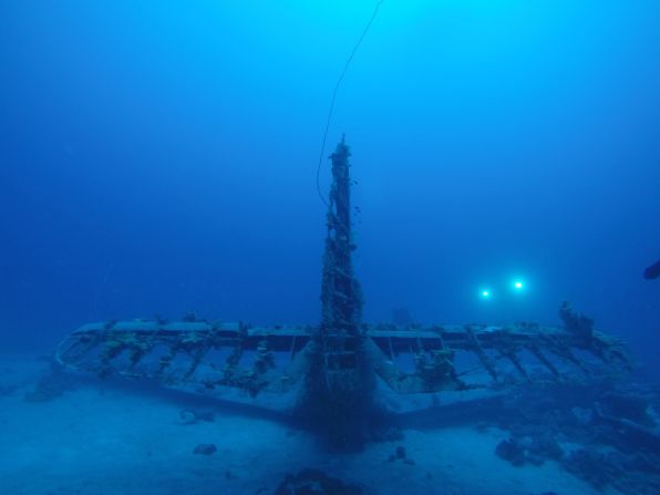 The aircraft tailplane seen here is just one of many pieces of aerial debris in the waters around the Marshall Islands.