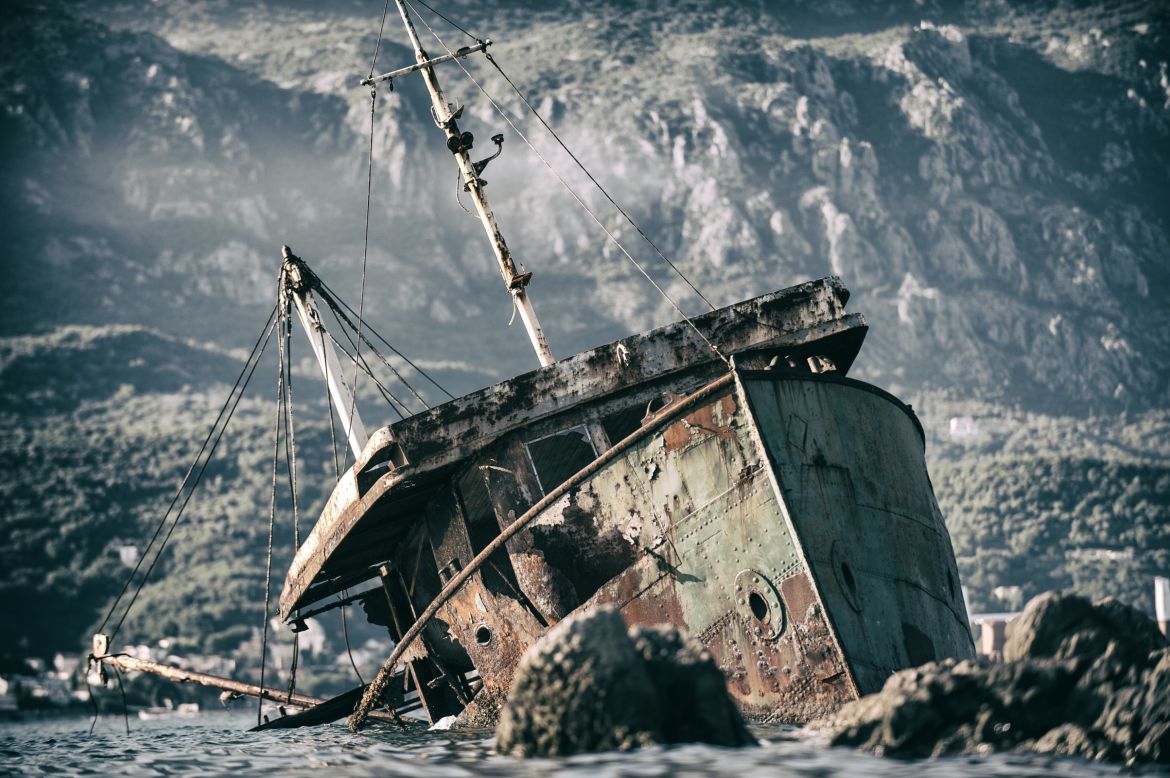 A wreaked fishing boat off the Montenegrin coast.