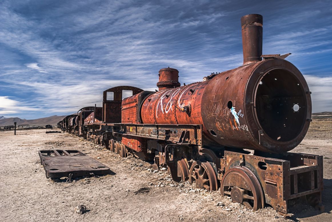 Uyuni, Bolivia is home to a number of abandoned and decrepit trains from the heyday of steam engine travel.