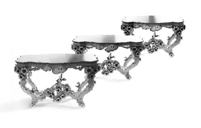 This series of tables was made from reprogrammable building blocks called voxels. It was built using industrial robots.