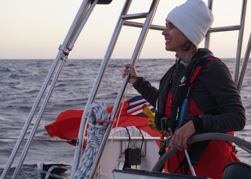 Kellie takes the helm en route to Gibraltar, looking out over the waters just off the Portuguese coast.                               