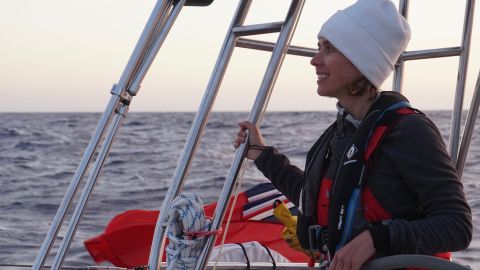 Kellie takes the helm during the crossing from the UK to Gibraltar.                                