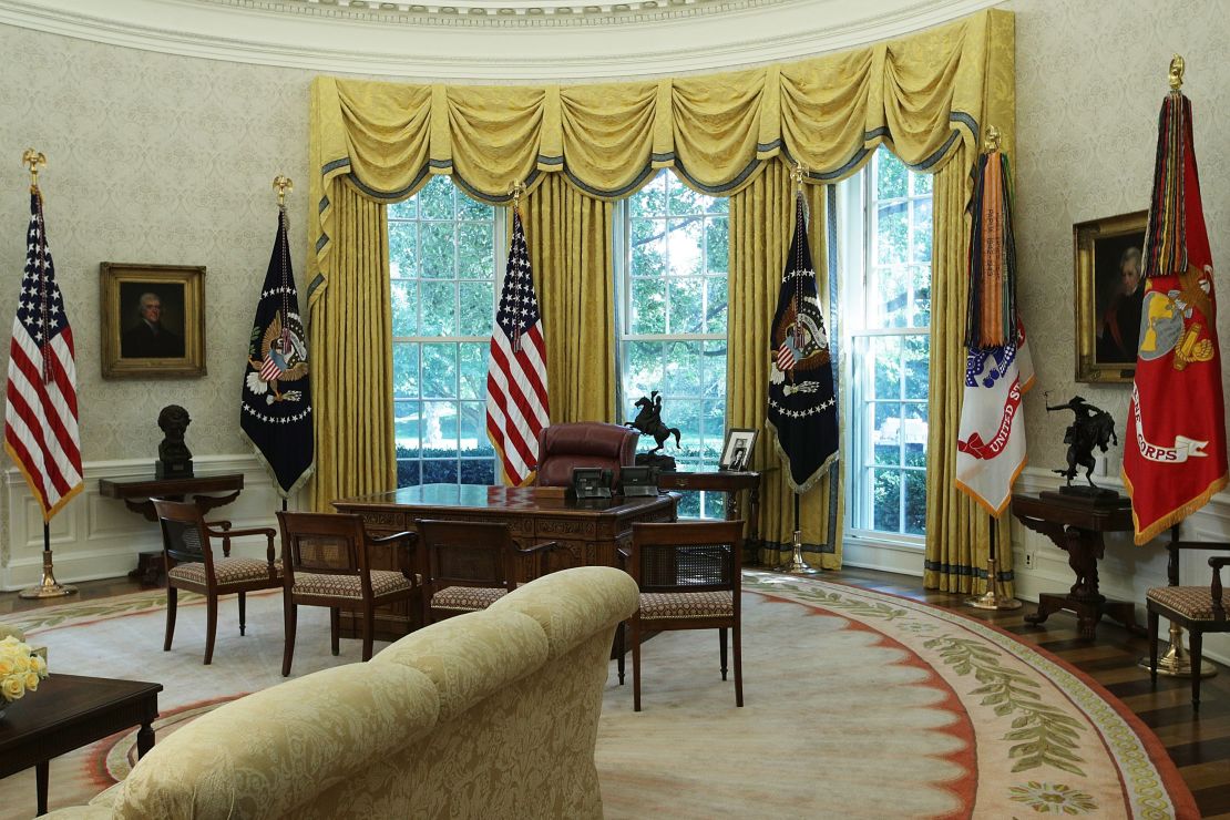 The Oval Office of the White House is seen after renovations including new wallpaper August 22, 2017 in Washington, DC.