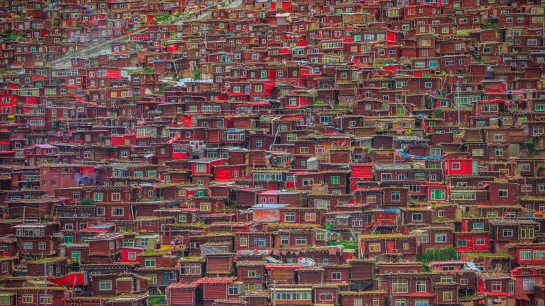 <strong>Sichuan, China: </strong>An aerial view of<strong> </strong>homes at the Larung Gar Buddhist Academy, which is the largest Buddhist institute in the world. Established in 1980, Larung Gar now has around 40,000 residents, consisting of mainly apprentice monk and nuns.