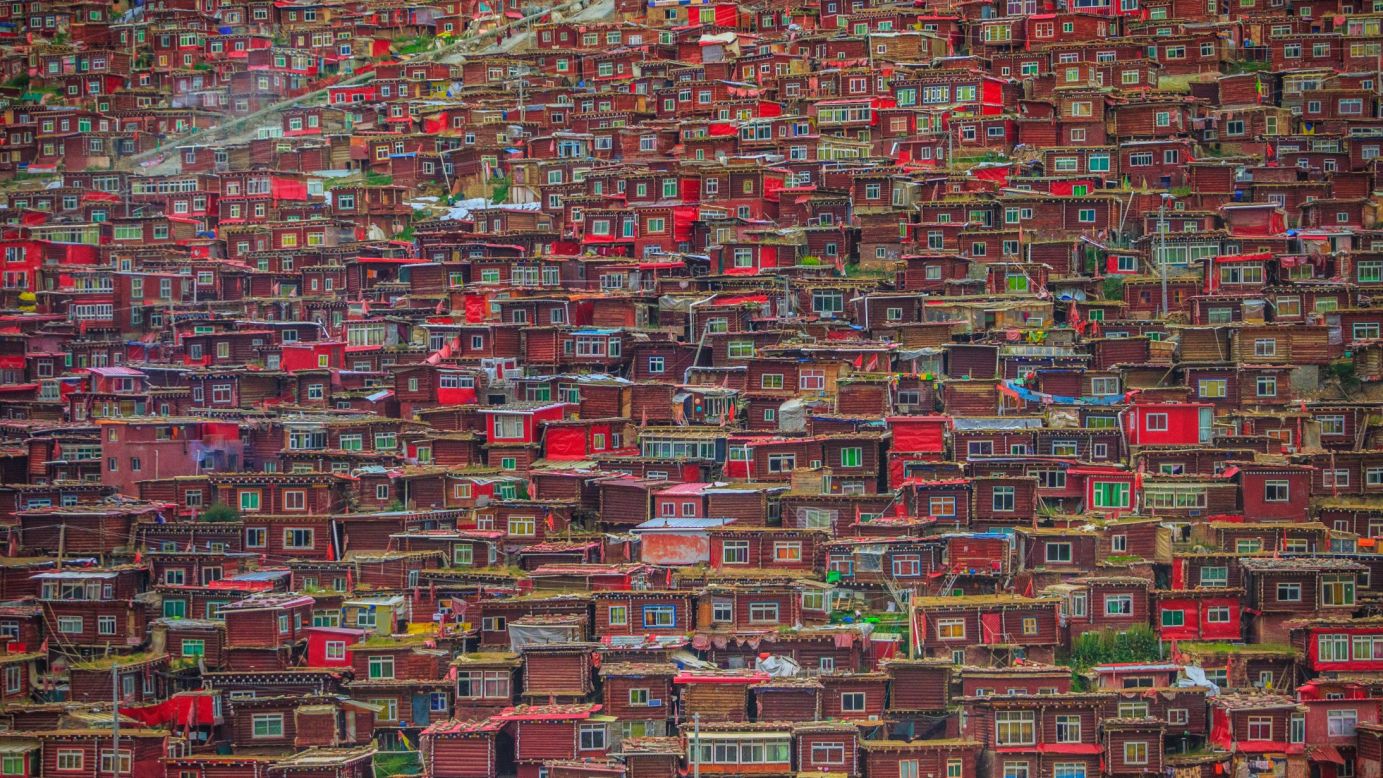 <strong>Sichuan, China: </strong>An aerial view of<strong> </strong>homes at the Larung Gar Buddhist Academy, which is the largest Buddhist institute in the world. Established in 1980, Larung Gar now has around 40,000 residents, consisting of mainly apprentice monk and nuns.