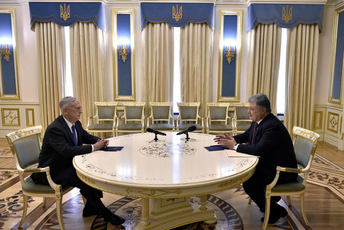 US Defense Secretary James Mattis (left) and Ukrainian President Petro Poroshenko meet in Kiev, Ukraine, on Thursday.