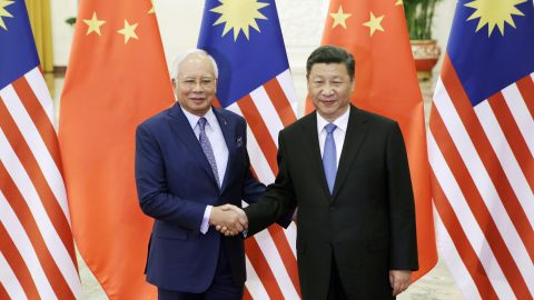 Malaysian Prime Minister Najib meets Chinese President Xi Jinping ahead of the Belt and Road Forum in Beijing on May 13