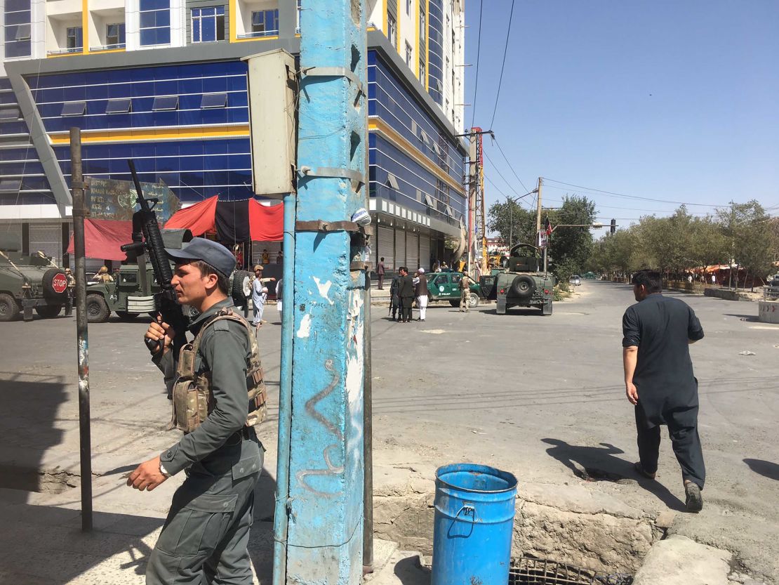 Afghan security officials are on the scene Friday near the Imam Zaman Mosque in Kabul.