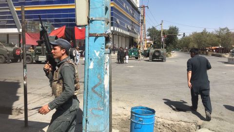 Afghan security officials are on the scene Friday near the Imam Zaman Mosque in Kabul.
