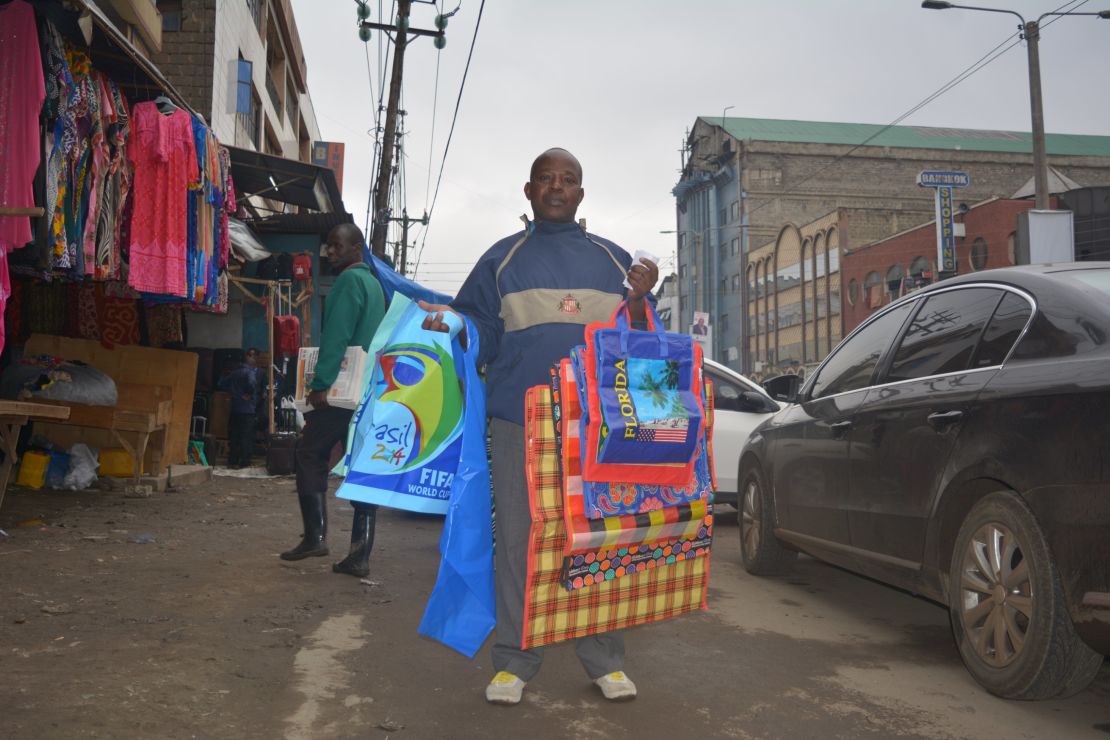 Jonathan Mwagangi, 56, has been selling plastic bags for the past 15 years. Photo/Yunis Dekow