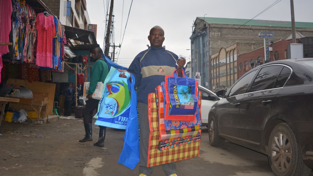 Jonathan Mwagangi, 56, has been selling plastic bags for the past 15 years. Photo/Yunis Dekow