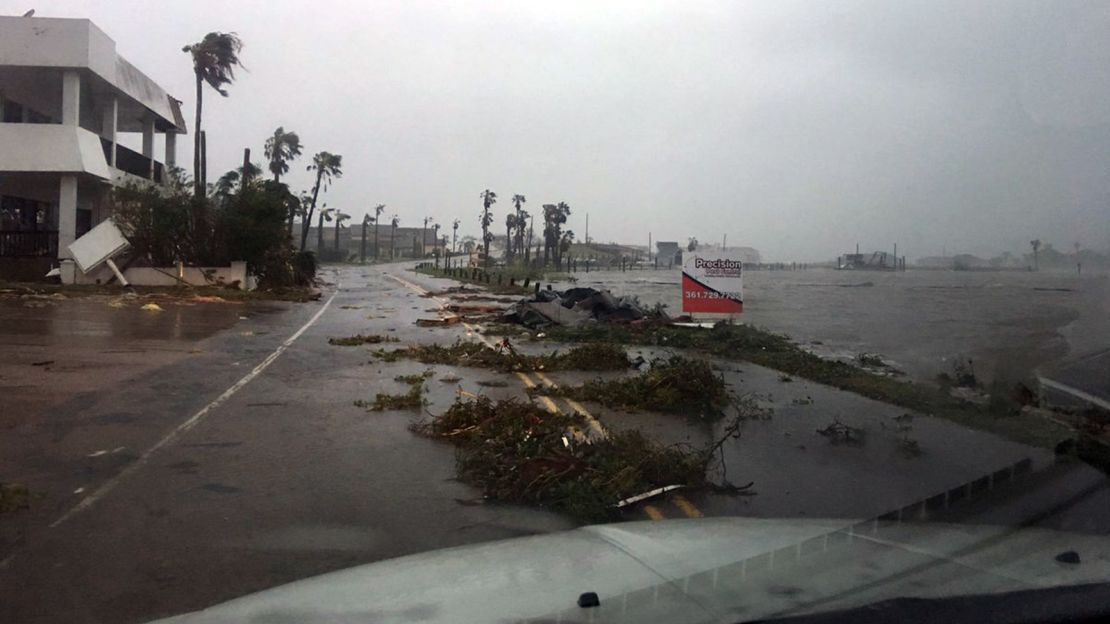 Damage and debris strewn along the shoreline Saturday in Rockport, Texas.