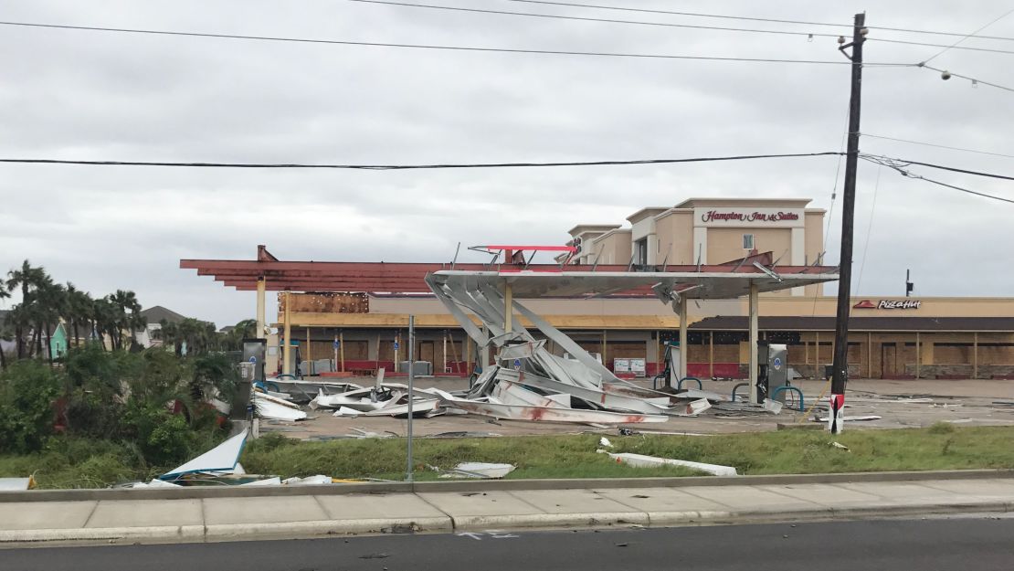 A gas station sits mangled in Port Aransas, Texas, on August 26.