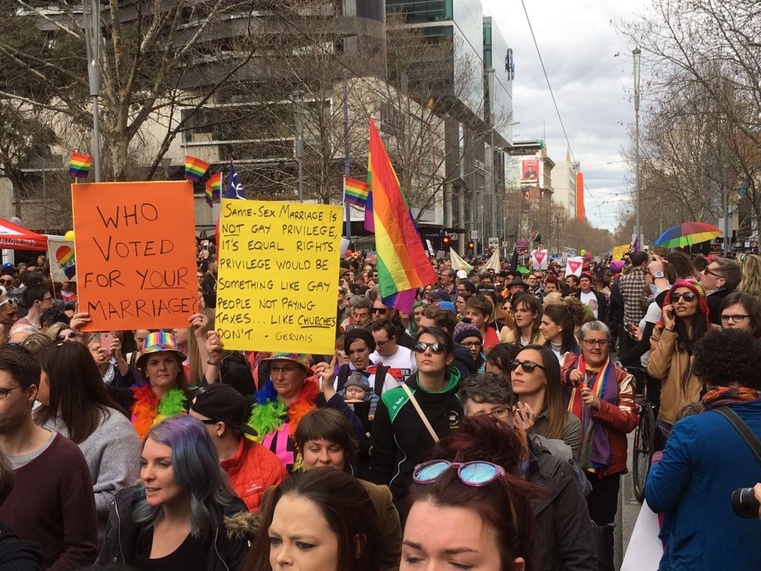 Advocates for same-sex marriage march in Melbourne, Saturday, August 26.