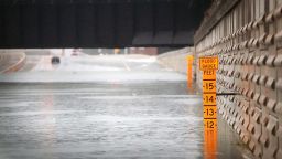 A guage shows the depth of water a an underpass on Interstate 10 which has been inundated with flooding from Hurricane Harvey on August 27, 2017 in Houston, Texas. Harvey, which made landfall north of Corpus Christi late Friday evening, is expected to dump upwards to 40 inches of rain in Texas over the next couple of days.  