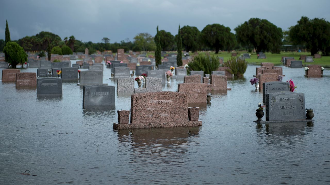A graveyard is flooded in Pearland, Texas, on August 27, 2017, after Hurricane Harvey.