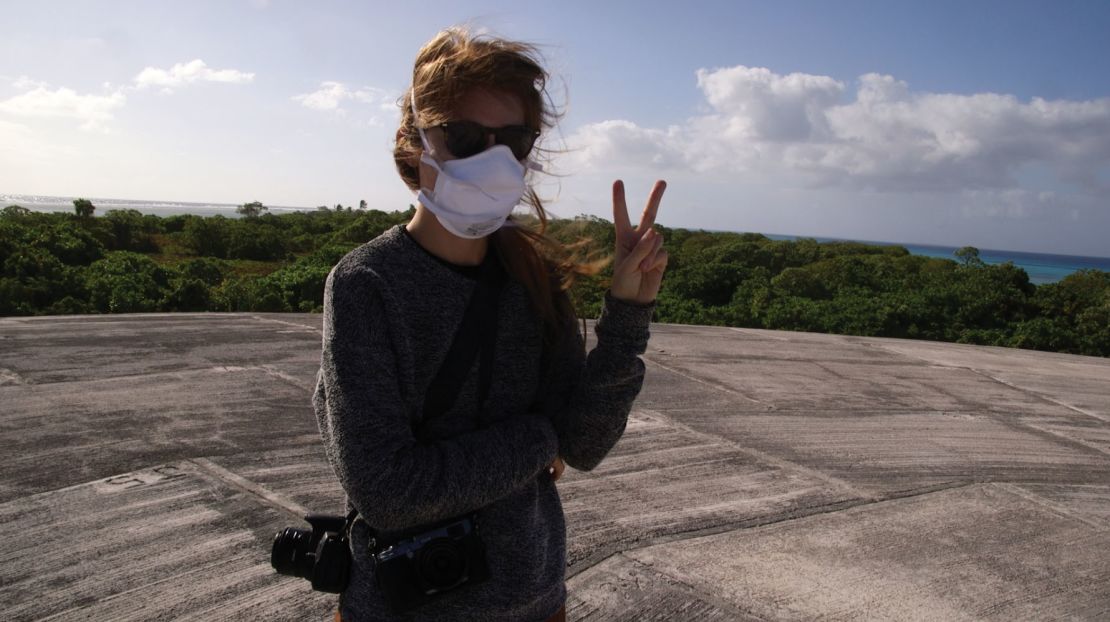 Kim Wall stands on the Runit Dome nuclear waste site in Enewetak in the Marshall Islands. Along with reporting partners Hendrik Hinzel and Coleen Jose, the journalists were investigating the lingering effects of US nuclear testing era on society, culture and the land as well as reporting on climate change in 2015.