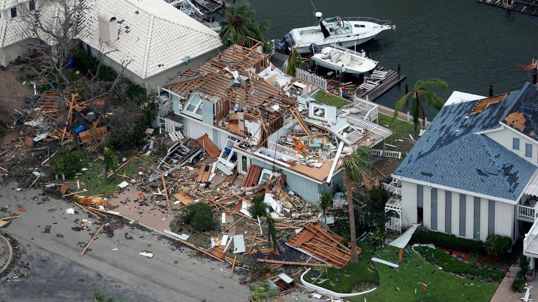 A damaged home is seen in the Key Allegro neighborhood of Rockport.