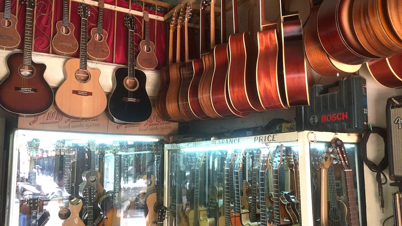 These artisan guitars are popular with musicians visiting Saigon.