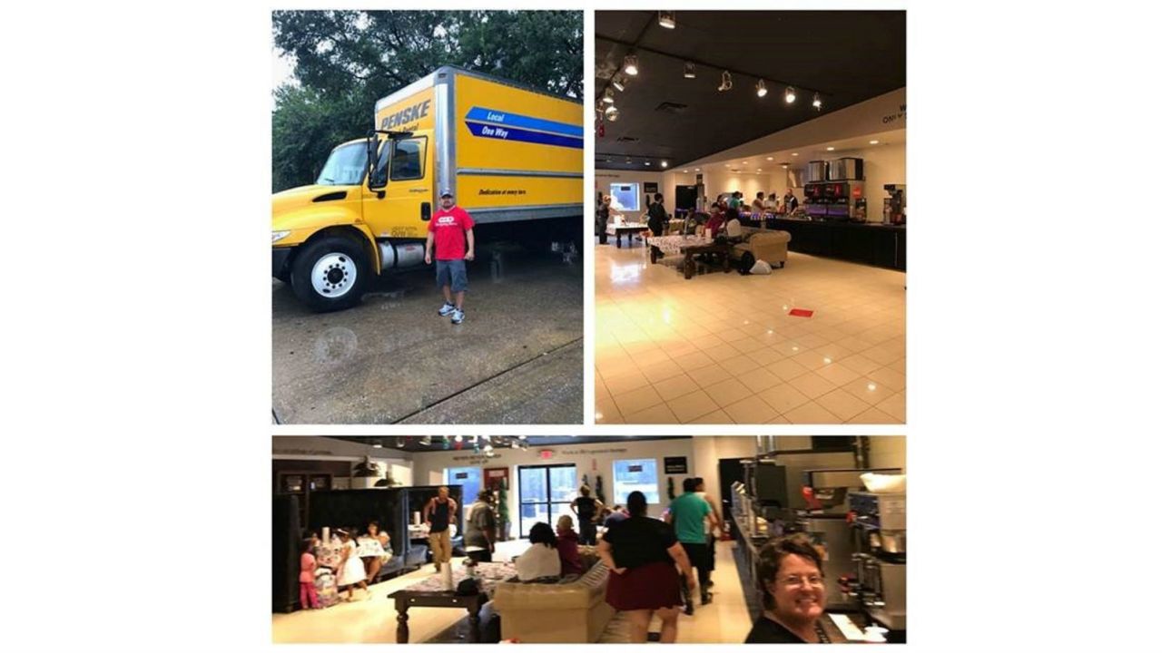 Gallery Furniture shared photos of one of their drivers using a company truck to rescue people and flood victims taking shelter in one of their stores.