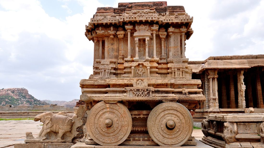 <strong>Stone chariot:</strong> This richly decorated stone chariot at the Vittala Temple was built by King Krishnadevaraya in the 16th century. The structure is in fact a shrine that once contained a statue of the Garuda, the birdlike mount of Hindu God Vishnu. 