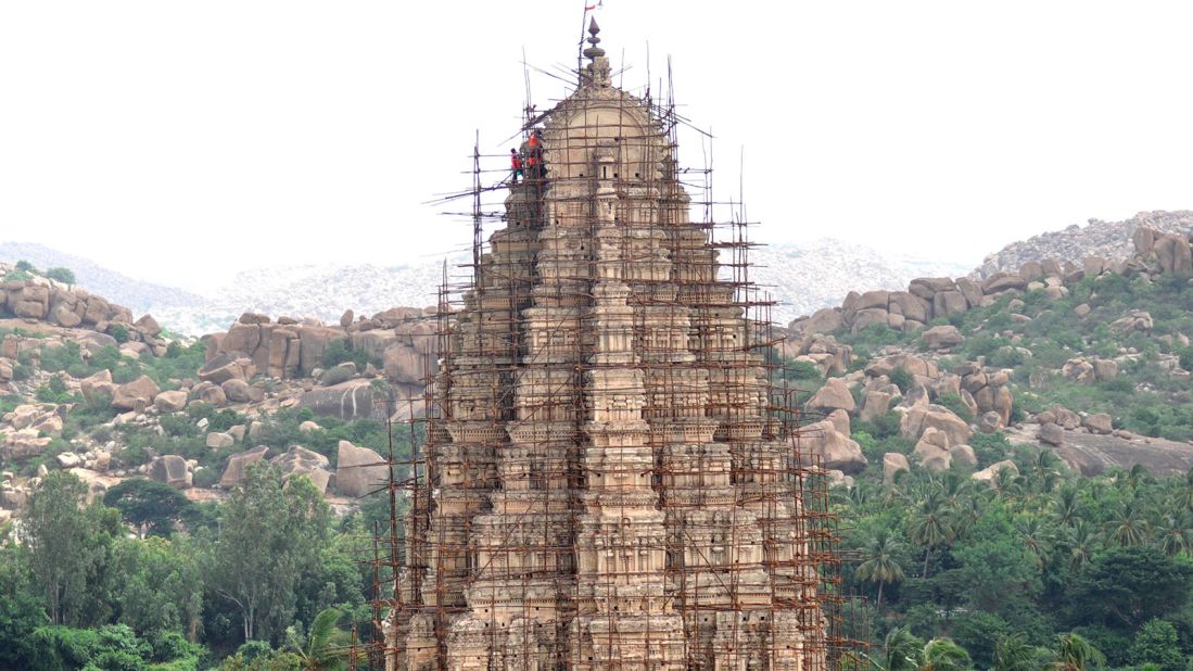 <strong>Virupaksha Temple gopuram:</strong> Preservation is underway on the 50-meter high gopuram (temple tower) of the Virupaksha Temple, an iconic landmark that shapes the Hampi landscape.