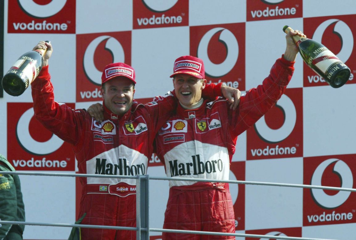 Happy times for Ferrari as Rubens Barrichello and Michael Schumacher completed a one-two for the Italian team in 2002. Ferrari hasn't won at Monza since 2010. 