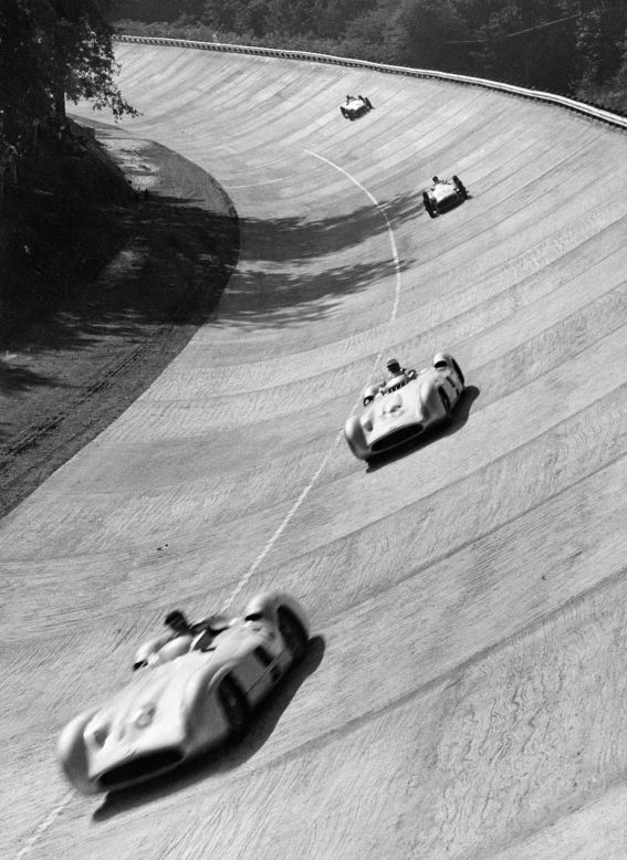 Monza's famous banking was constructed in 1954 and used four times for F1 races in 1955 (pictured with five-time F1 champion Juan Manuel Fangio leading the way), 1956, 1960 and 1961. It has since fallen derelict, but remains a treasured backdrop to modern races. 