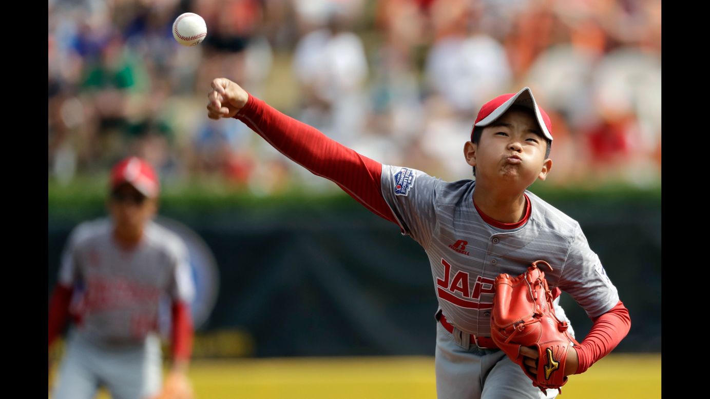Japan's Tsubasa Tomii pitches in the championship game of the Little League World Series on Sunday, August 27. Tomii's team won the title with a 12-2 victory over a team from Lufkin, Texas.