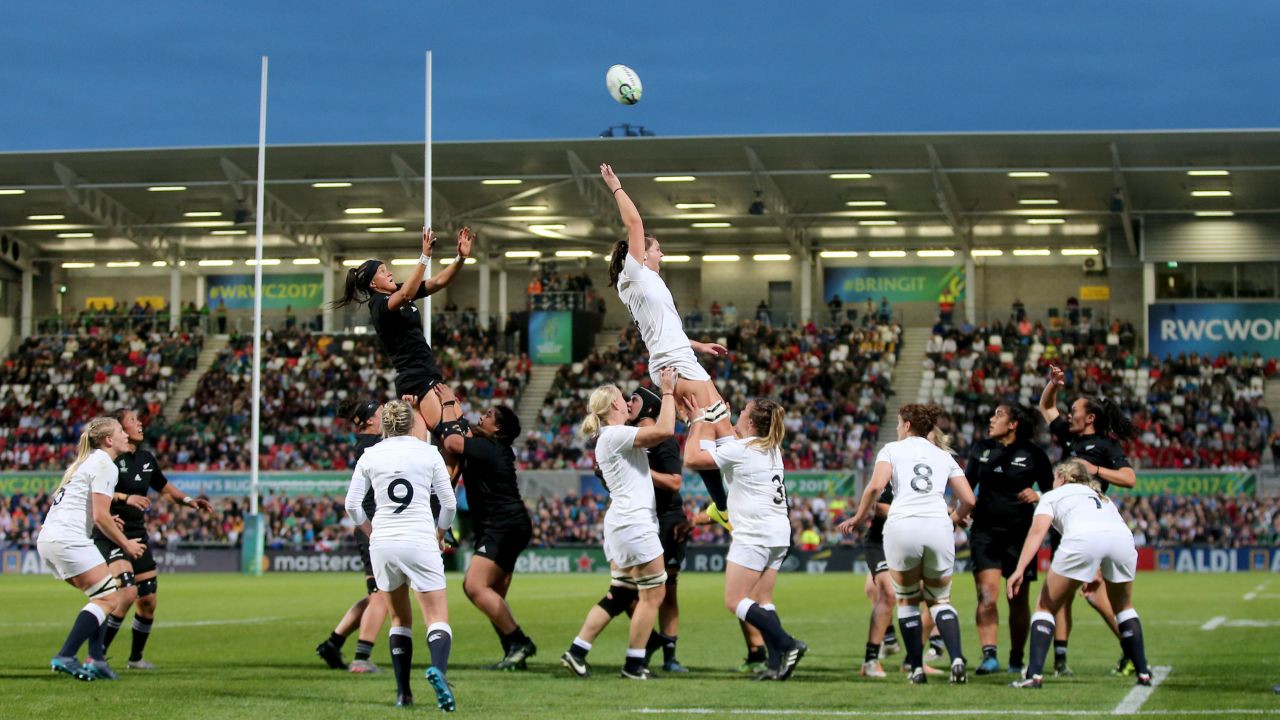 Players from England and New Zealand contest a lineout during the final of the Women's Rugby World Cup on Saturday, August 26. New Zealand, wearing its traditional all-black uniforms, won 41-32 for its fifth World Cup title since 1998.