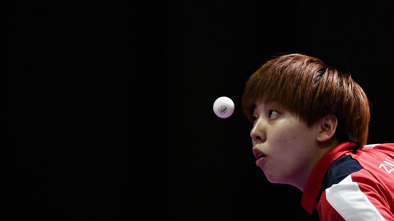 Singapore's Zhou Yihan serves a ball during the table tennis final of the Southeast Asian Games on Tuesday, August 22. She lost to her compatriot Feng Tianwei. 