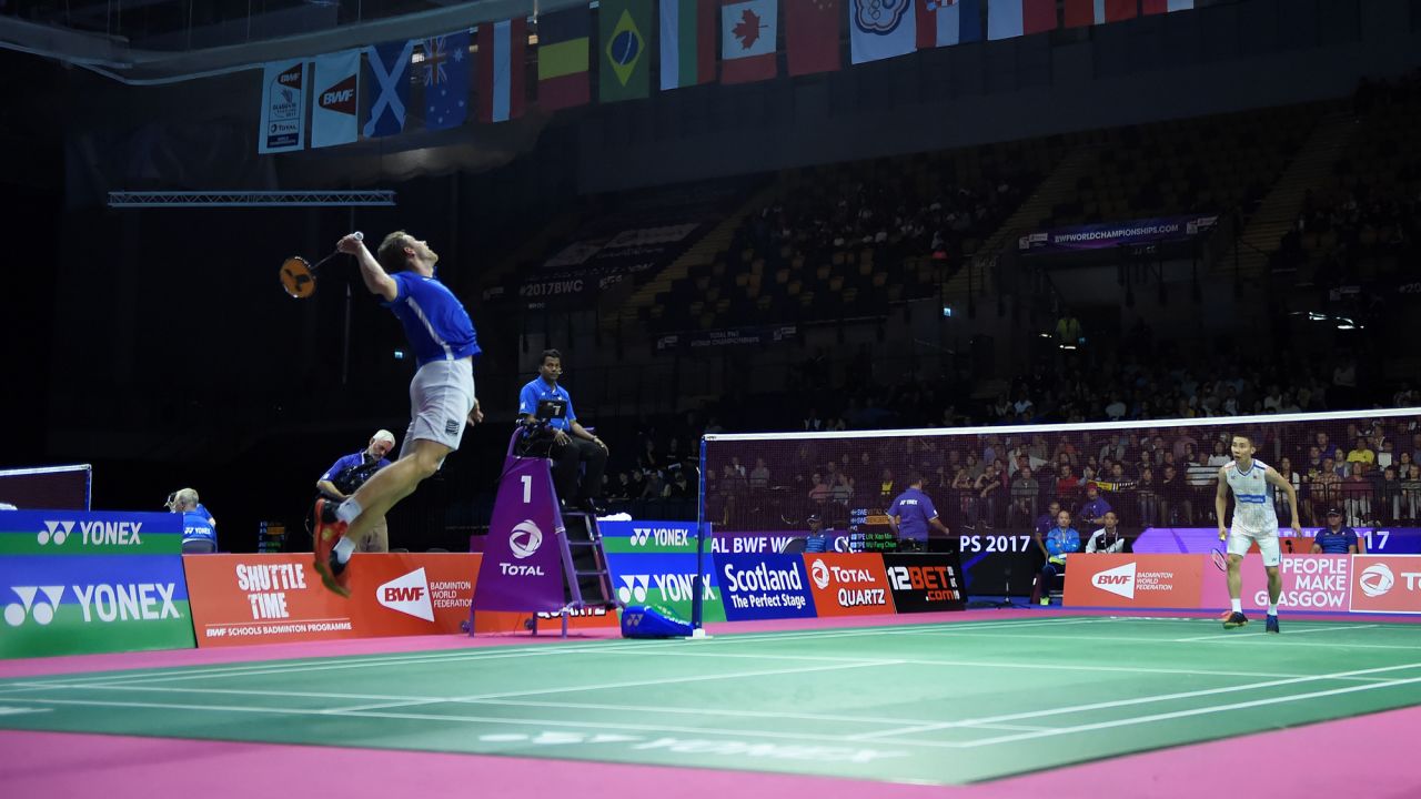 France's Brice Leverdez returns a shot against Malaysia's Lee Chong Wei during the World Badminton Championships on Tuesday, August 22.