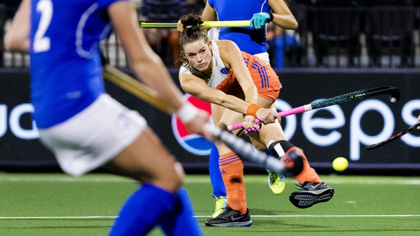 Dutch field hockey player Lidewij Welten hits the ball during a match against the Czech Republic on Tuesday, August 22. The Netherlands won 10-0 in what was a preliminary round match at the EuroHockey Nations Championship. The Dutch ended up winning the tournament, which took place on home soil.