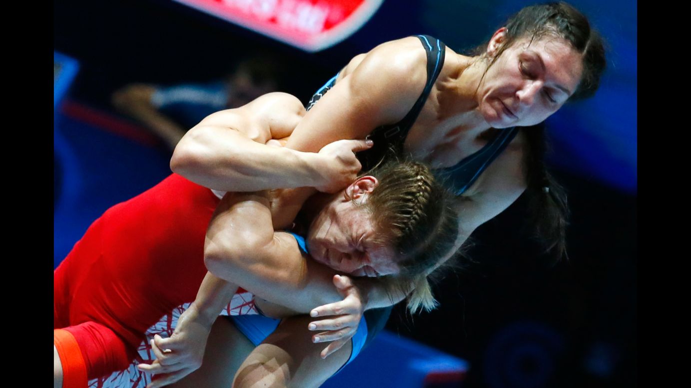Belarus' Vasilisa Marzaliuk, right, competes against Turkey's Yasemin Adar at the World Wrestling Championships on Wednesday, August 23. Adar won the match to take gold in their weight class.