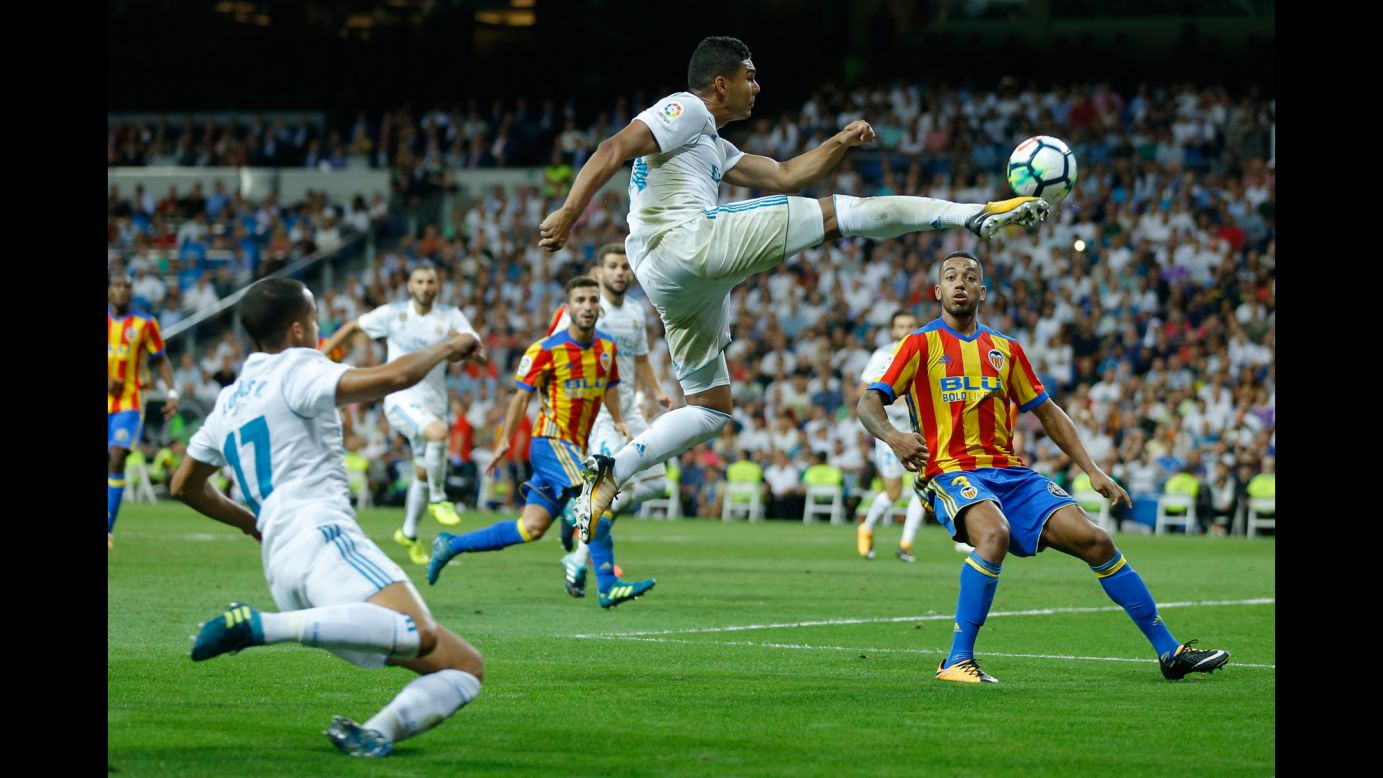 Casemiro, a midfielder for Real Madrid, leaps for a kick during a Spanish league match against Valencia on Sunday, August 27.