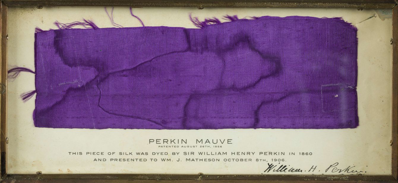 A sample of silk dyed with mauveine -- the name Perkin decided to give his newfound substance -- from 1860.