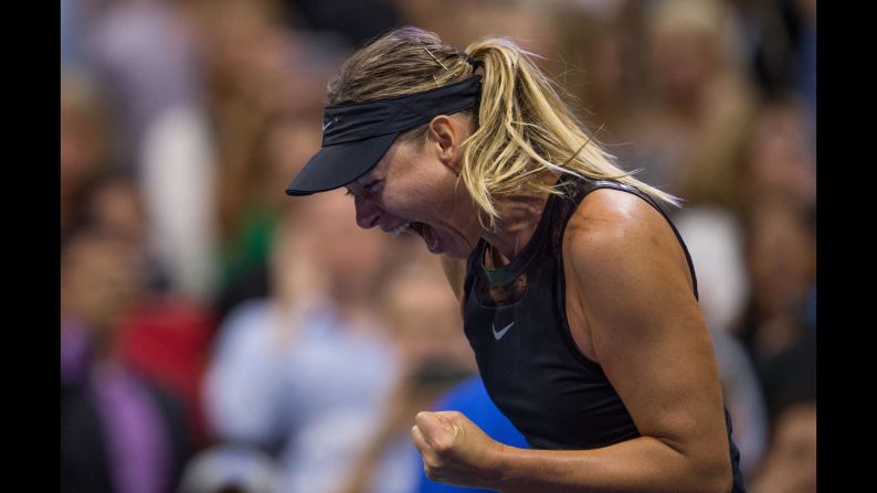Maria Sharapova celebrates her first-round victory at the US Open on Monday, August 28. Sharapova, <a href="index.php?page=&url=http%3A%2F%2Fedition.cnn.com%2F2017%2F08%2F28%2Ftennis%2Fmaria-sharapova-us-open-doping-ban-return%2Findex.html" target="_blank">making her first Grand Slam appearance since serving a 15-month doping ban,</a> defeated second-seeded Simona Halep 6-4, 4-6, 6-3.