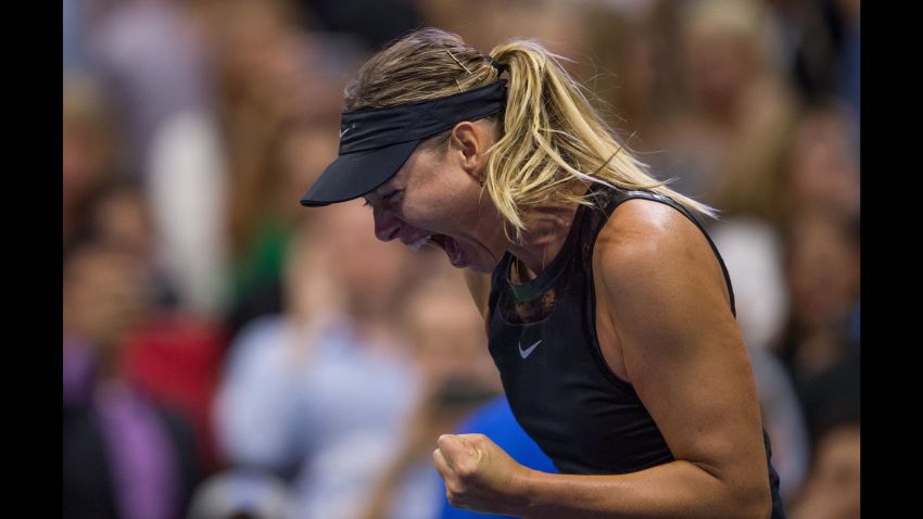 Maria Sharapova celebrates victory during her 1st round women?s singles match against Simona Halep US Open Tennis, USTA, Flushing Meadow, New York, 28 Aug 2017 (Rex Features via AP Images)