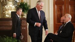 WASHINGTON, DC:  Secretary of State Rex Tillerson (C) finds a seat next to National Security Advisor H.R. McMaster and White House Chief of Staff John Kelly before a joint news conference with U.S. President Donald Trump and Finnish President Sauli Niinisto in the East Room of the White House August 28, 2017 in Washington, DC. The two leaders discussed security in the Baltic Sea region, NATO and Russia during their meeting. (Chip Somodevilla/Getty Images)