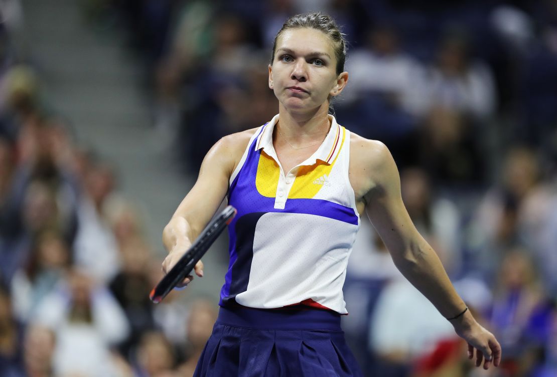 Simona Halep of Romania reacts during her match against Maria Sharapova on day one of the 2017 US Open.